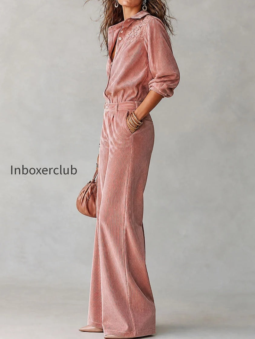boho-corduroy-lace-trim-shirt-wide-leg-pants-set