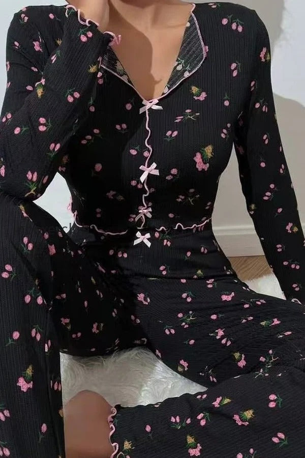 bow-collar-cuffed-print-pajama-set