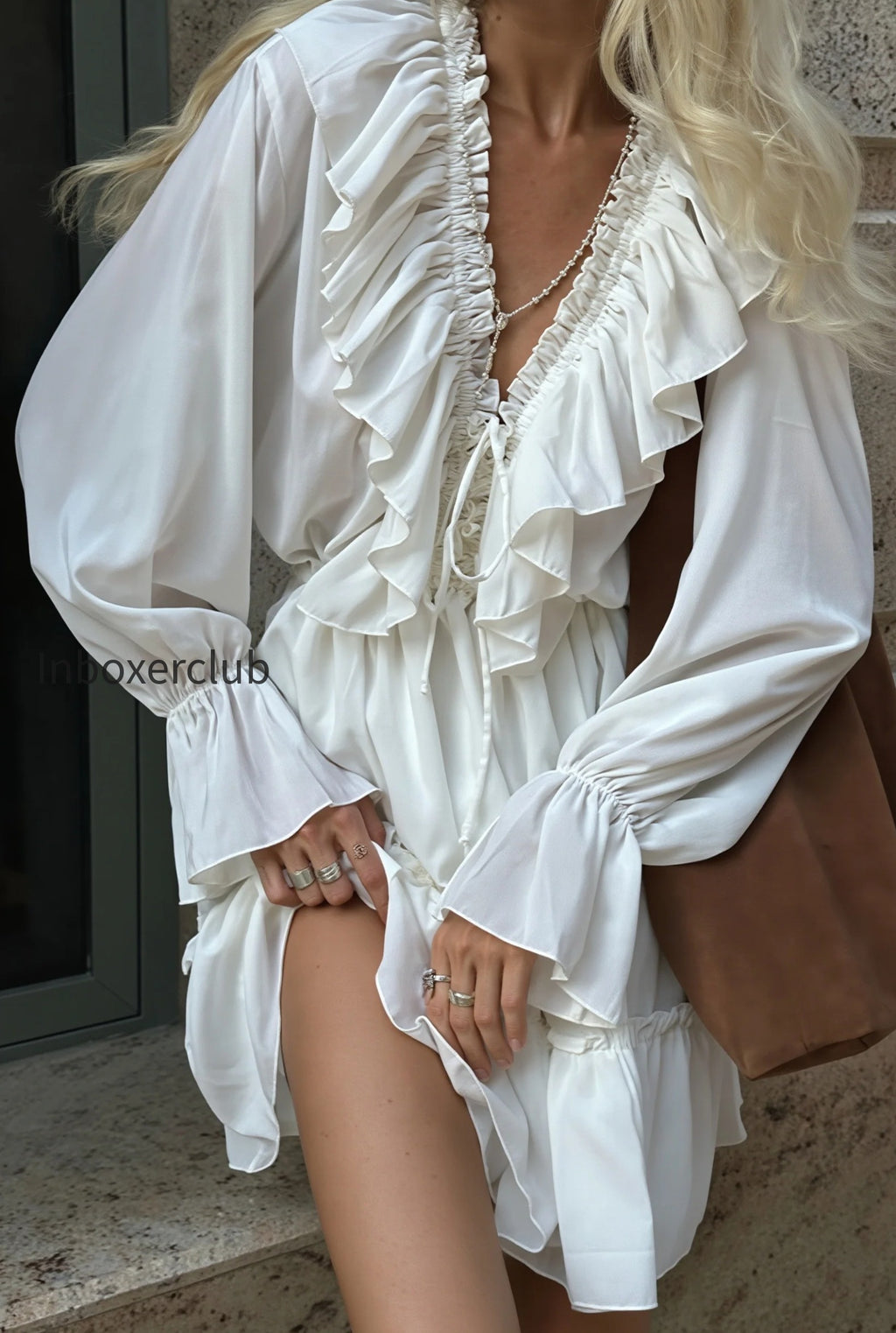 white-v-ruched-flare-ruffle-mini-dress