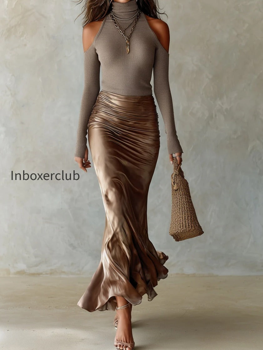 retro-high-neck-cut-out-shoulder-top-acetate-satin-fishtail-skirt-set