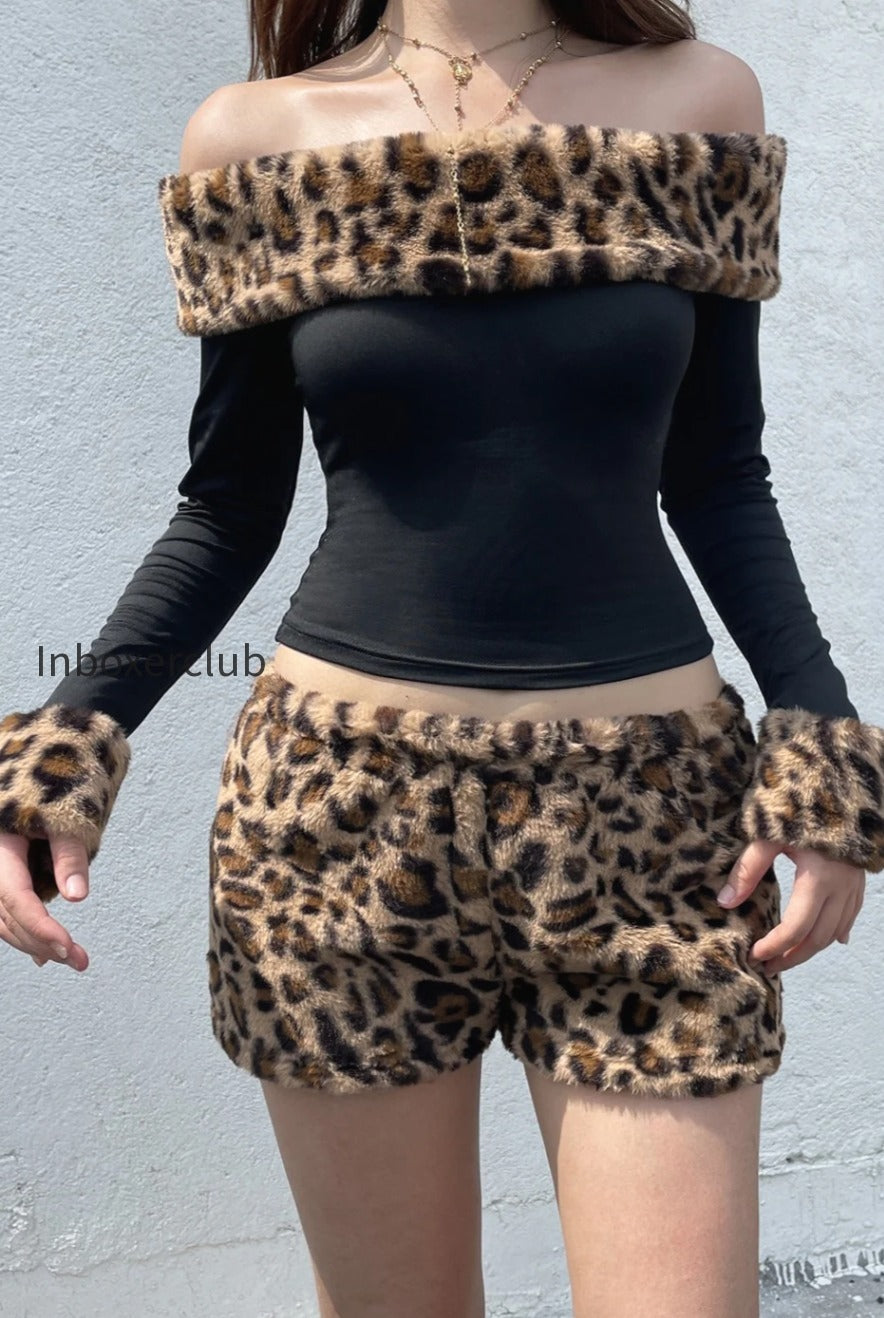 leopard-print-fleece-off-the-shoulder-two-piece-set