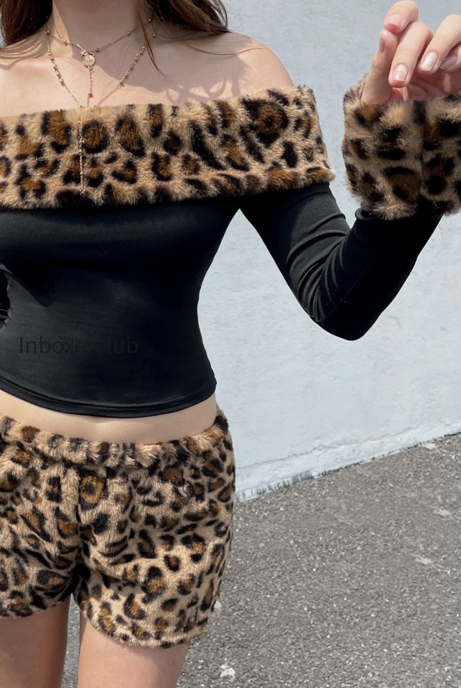 leopard-print-fleece-off-the-shoulder-two-piece-set