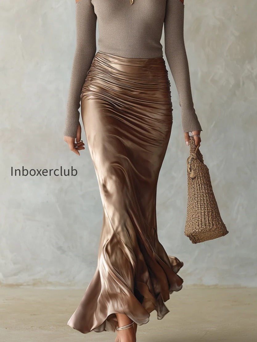 retro-high-neck-cut-out-shoulder-top-acetate-satin-fishtail-skirt-set