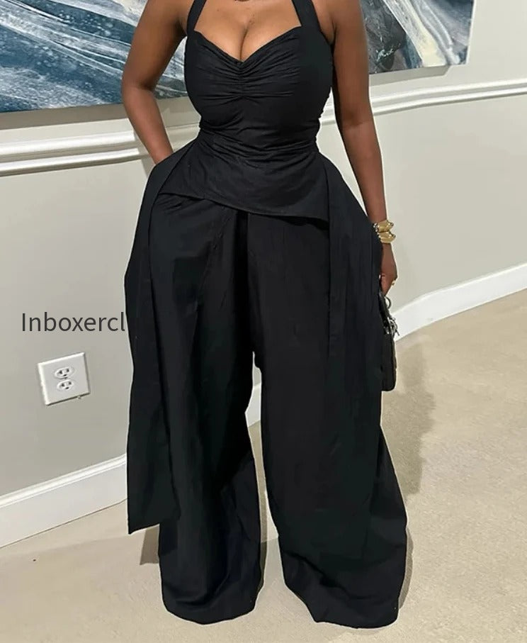 ruched-v-neck-wide-leg-two-piece-pants-set