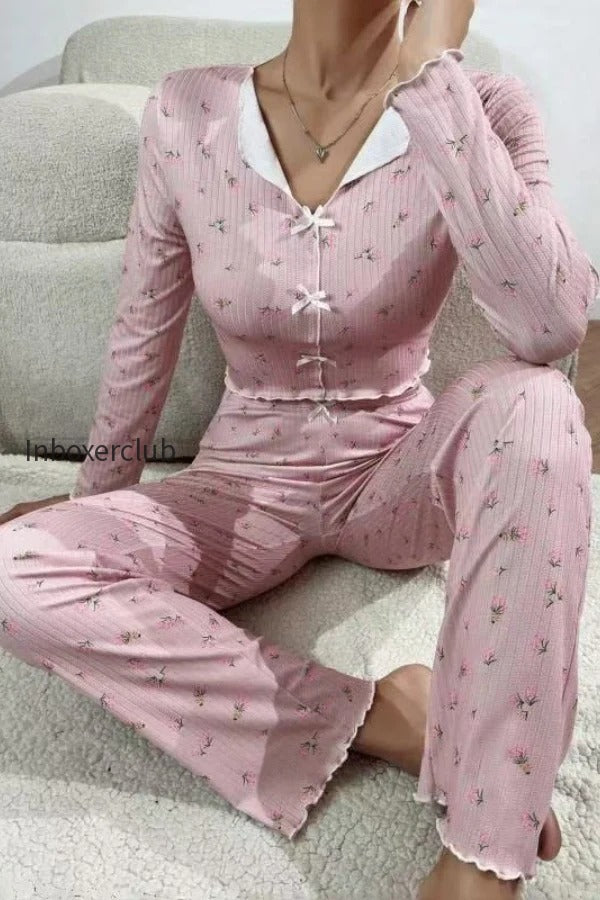 bow-collar-cuffed-print-pajama-set