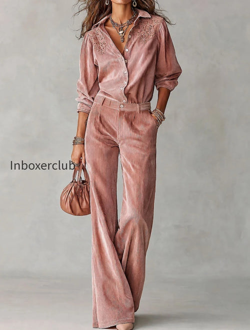 boho-corduroy-lace-trim-shirt-wide-leg-pants-set