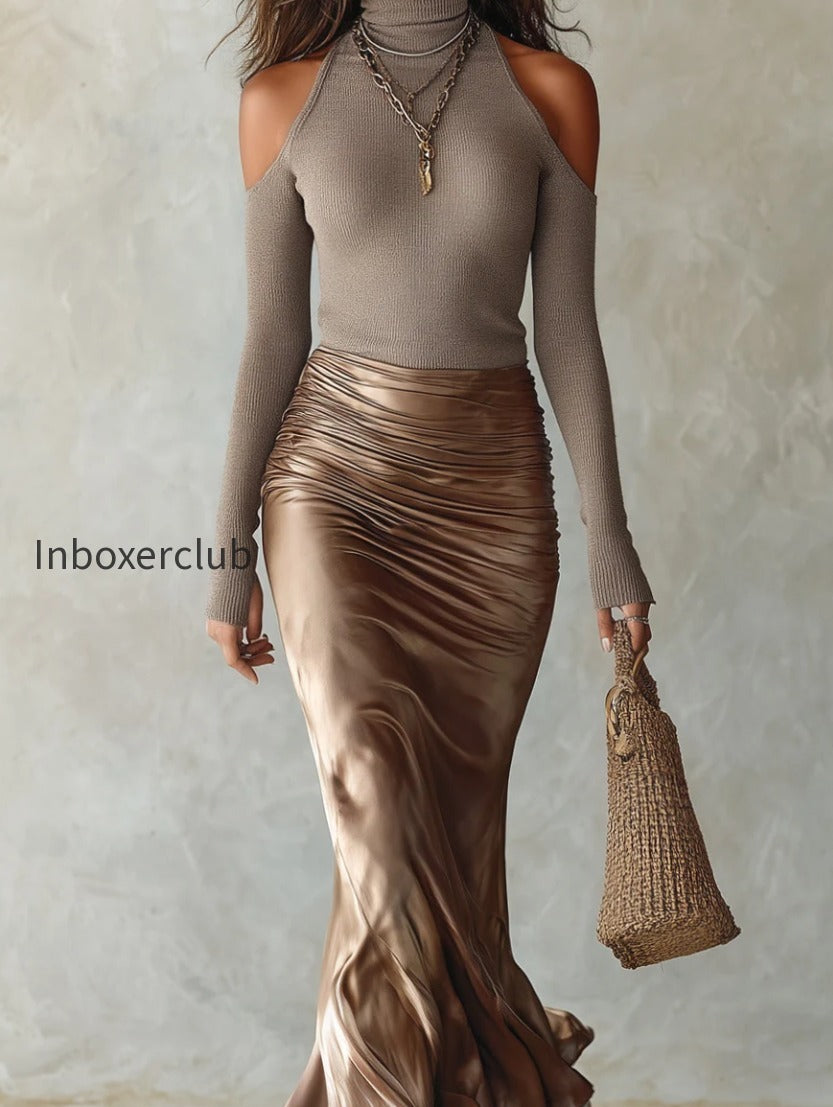 retro-high-neck-cut-out-shoulder-top-acetate-satin-fishtail-skirt-set